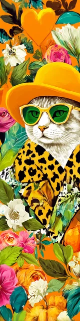 Cat bookmarks design of a cat in an orange hat on a floral background